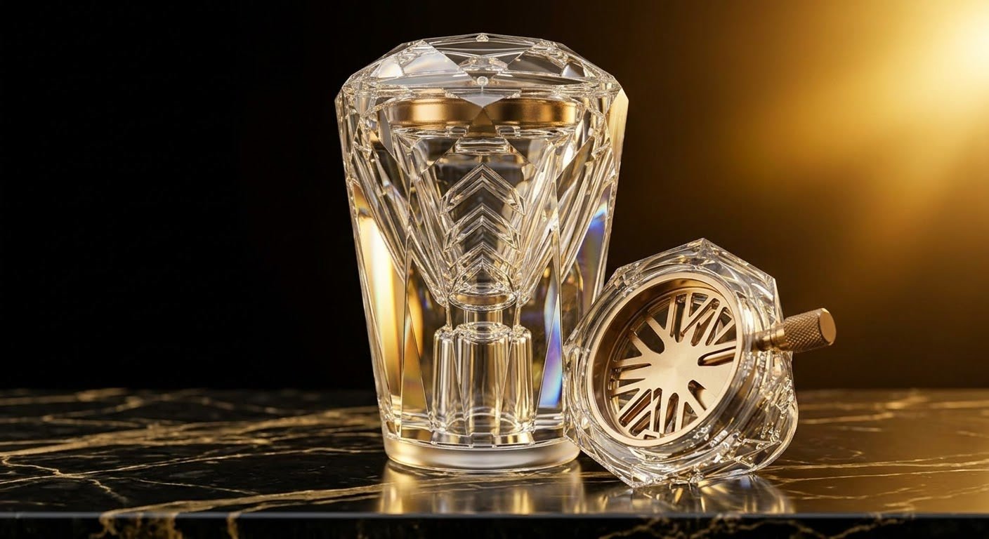 The RU'YA bowl with its crown lifted off, showing the gold spoke plate and throttle wand