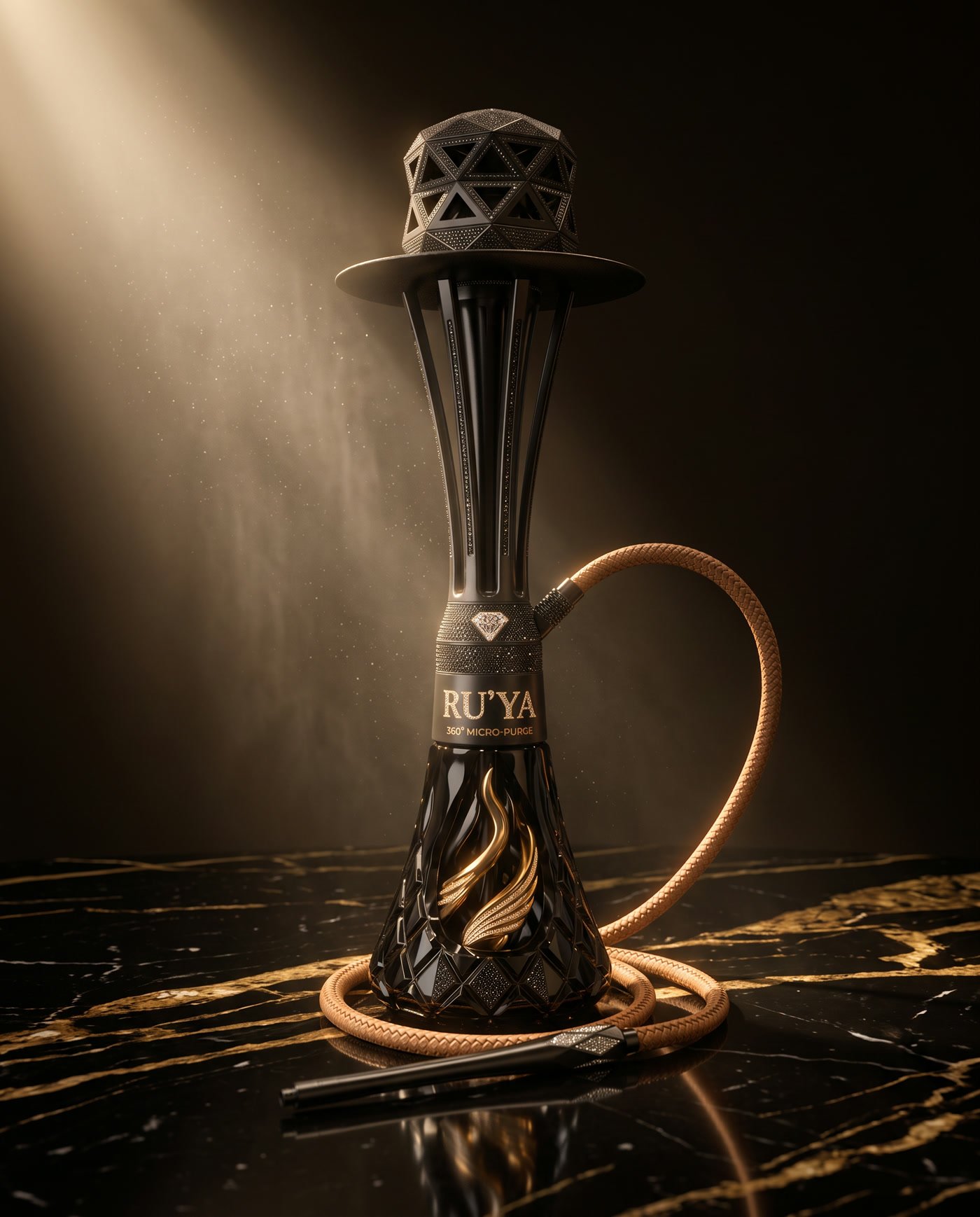 The RU'YA hookah, onyx edition, black crystal with gold flame