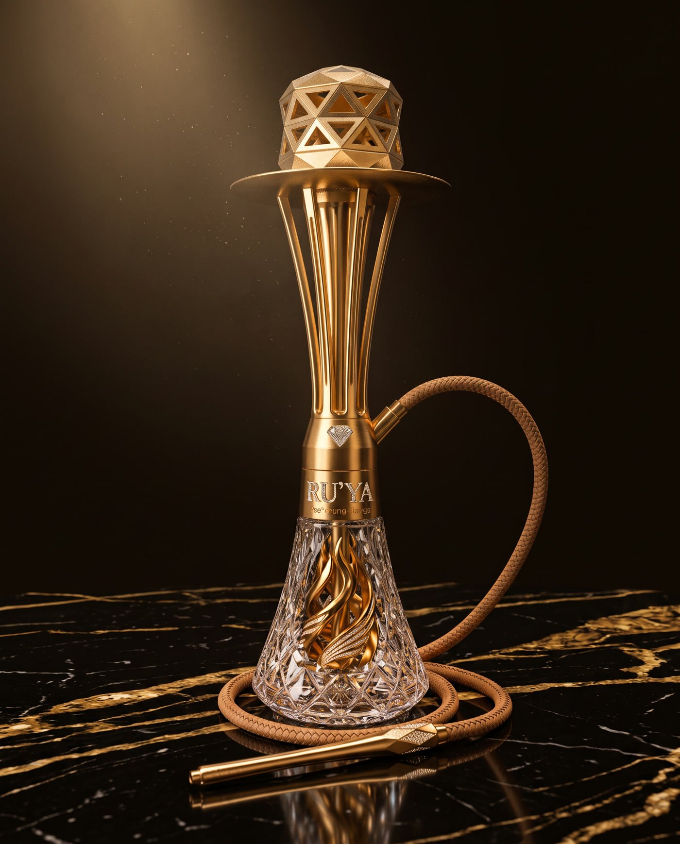 The RU'YA hookah, gold edition, crystal base with gold flame