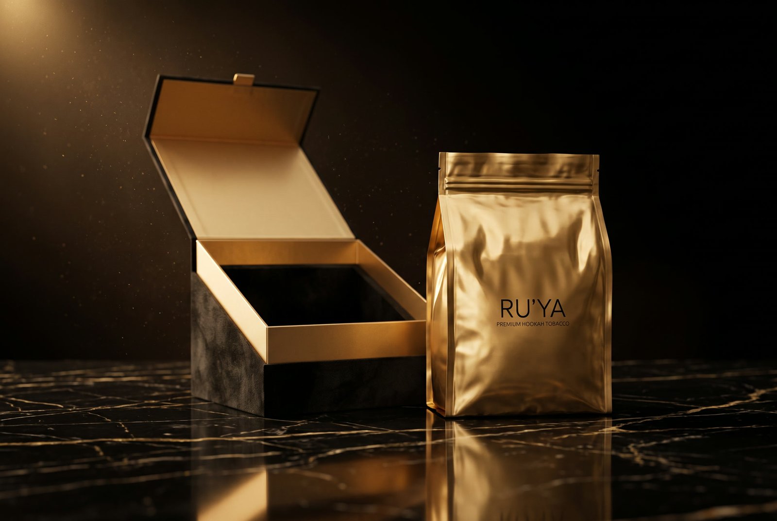 The RU'YA gold tobacco pouch beside the opened velvet box